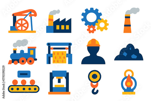 Industrial Revolution Icons. Flat vector icons of Industrial Revolution: steam engine, factory building, gear system, smokestack,