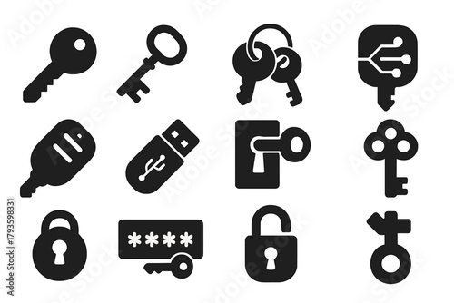 Variety of Keys. Solid style icons of keys and key systems: traditional key, skeleton key, keyring, digital key, smart key, USB