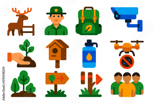 Conservation Icon Set. Flat vector icons of conservation: wildlife reserve, ranger, eco-friendly backpack, camera trap,