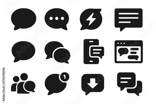 Messaging Icons Collection. Solid style icons of messaging and chat: chat bubble, typing dots, instant message icon, speech bubble