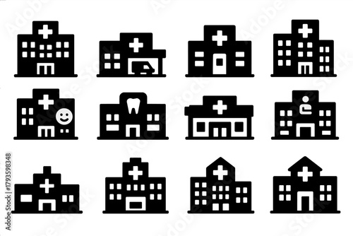Hospital Buildings Icons. Solid style icons of Hospital buildings: main hospital, emergency entrance, clinic building, medical