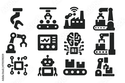 Industry Automation Icons. Solid style icons of Industry automation: robotic claw, sorting belt, smart factory, auto packaging,