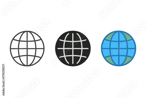 Minimalist Globe Trio. Minimalist globe internet icon: three identical globes with latitude and longitude lines in a row, first in