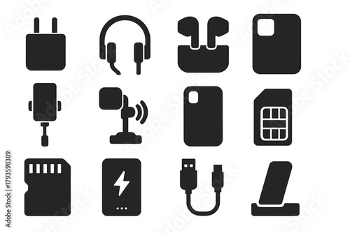 Solid Phone Accessory Icons. Solid style icons of phone accessories: charger plug, wired headphones, wireless earbuds, screen