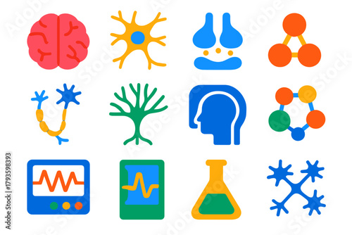 Neuroscience Icon Set. Flat vector icons of neuroscience: brain, neuron, synapse, axon, dendrite, neurotransmitter, EEG monitor,