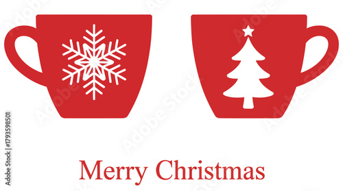 Christmas Hot Coffee, Tea or Chocolate Beverage in Red Cups, Festive Winter Drink, Holiday Beverage Illustration, Warm Drink with Whipped Cream, Marshmallows, Cinnamon, Seasonal Celebration, Cozy Chri