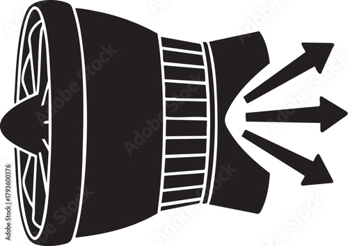 Black silhouette of a powerful jet engine with exhaust streams silhouette