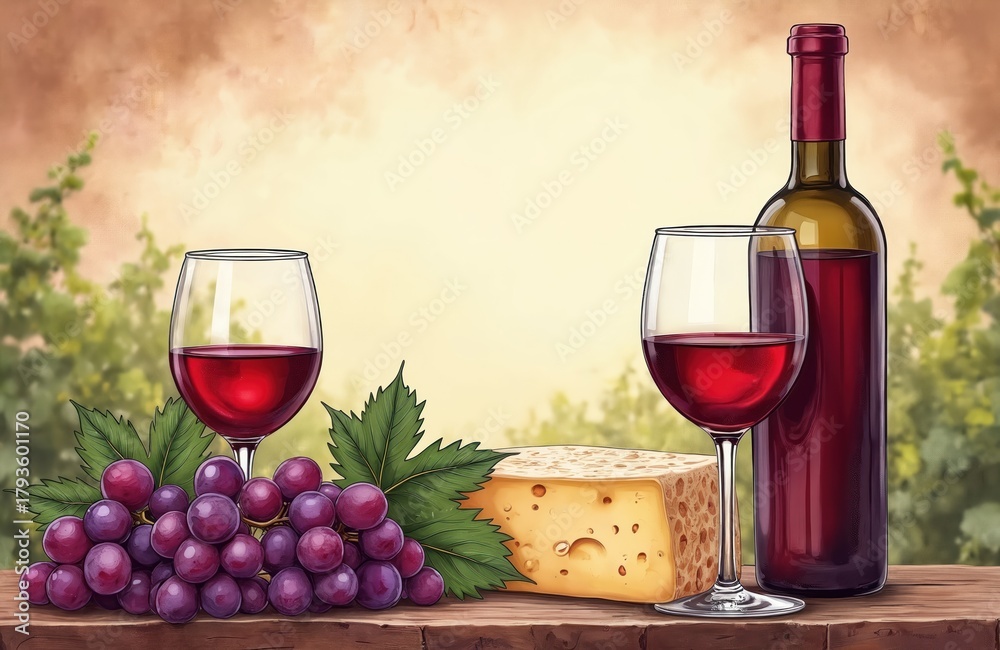 Obraz premium Red wine bottle and glasses with grapes and cheese slice. Wooden table setting. Blurred vineyard background. Autumn harvest theme. Relaxing moment.
