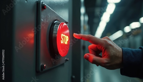 Person hand reaches for big red glowing stop button. Immediate decision, push alert signal on industrial machine interface. Control, safety, and urgent halt.