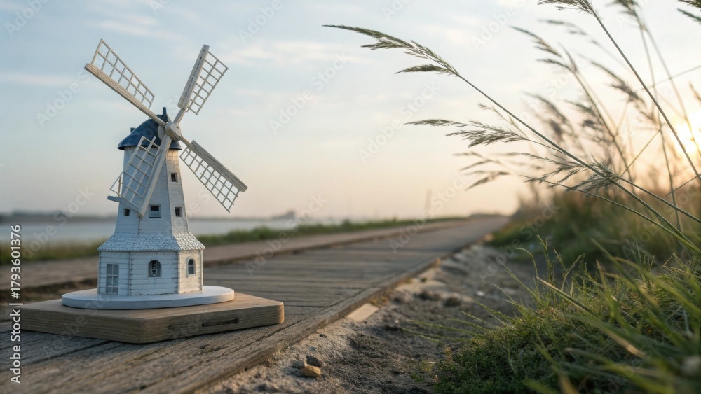 Obraz premium Small white decorative windmill on wooden platform outdoors