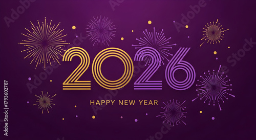 Celebrating happy new year 2026 with festive fireworks on a purple background perfect for new year greetings holiday cards and seasonal promotions with a modern and elegant design style