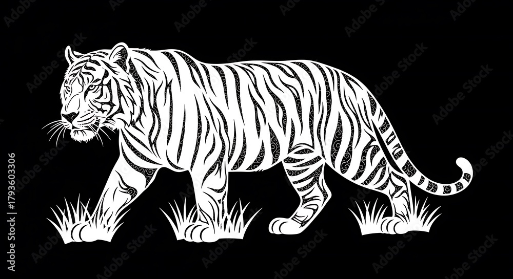 Naklejka premium A majestic white tiger walking through tall grass on a black background