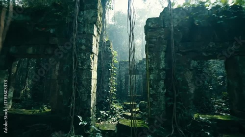 Ancient jungle temple cinematic view with green foliage and mysterious ambiance footage with motion and travel destination in dark color palette