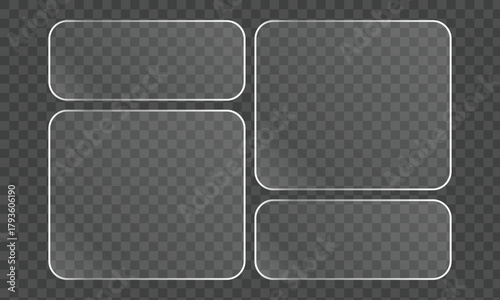 Four transparent glass plates with rounded corners on a checkered background, ideal for showcasing content or adding a modern touch to designs