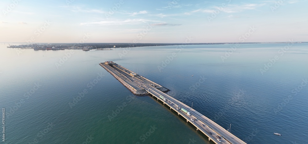 custom made wallpaper toronto digitalAerial View Of Long Monitor Merrimac Memorial Bridge Tunnel crossing tranquil blue water of Hampton Roads Channel with a distant harbor and open sky
