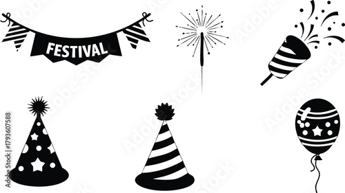 Festival party decorations with hats balloon sparkler and confetti popper vector illustration 