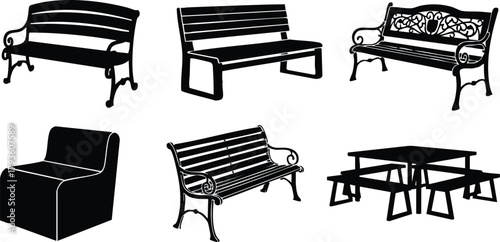 Outdoor park benches and seating furniture collection in black silhouette style vector illustration 