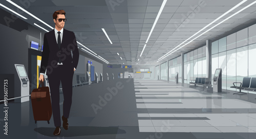 A businessman walks into a modern airport terminal with a suitcase. A man walks along the metro, railway station, modern transport hub,   