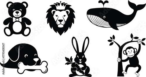 Cute animal icons featuring teddy bear, lion, whale, dog, rabbit, and monkey in black silhouette style vector 