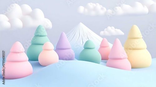 Pastel Colors 3D Landscape: Whimsical Cartoon Mountains and Geometric Trees in a Dreamy Spring Theme