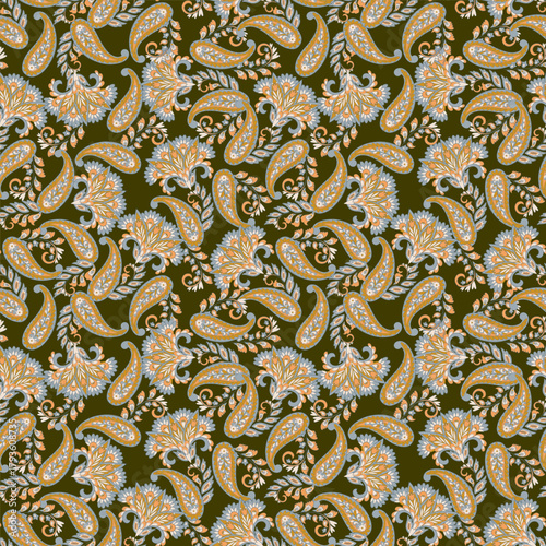 Floral seamless pattern with paisley ornament. Vector illustration in asian textile style