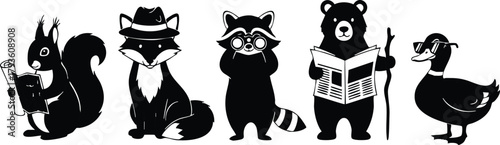 Cartoon forest animals including squirrel, fox, raccoon, bear, and duck in playful black silhouette style vector illustration 