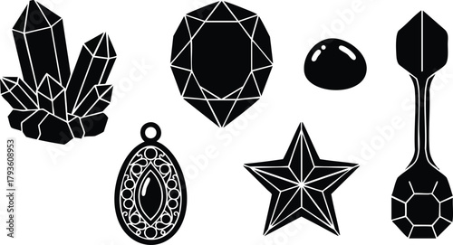 Collection of crystal and gemstone vector icons in black silhouette style with star and pendant shapes 