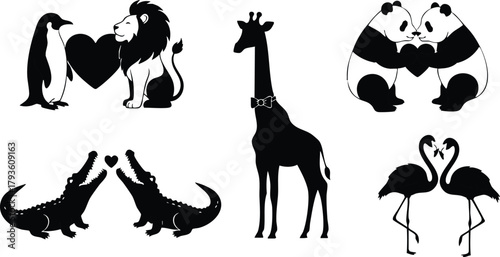 Silhouettes of Various Wild Animals Including Lion, Giraffe, Panda, Crocodile, Penguin, and Flamingo in Black and White Vector Illustration 