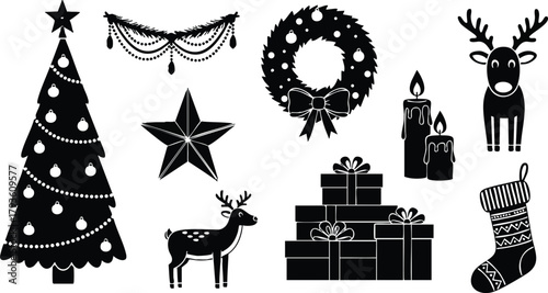 Christmas holiday decorations vector set with tree star reindeer candles gifts wreath and stocking 