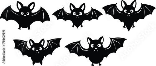 Cute black bat silhouettes flying with spread wings cartoon style vector illustration Halloween theme 