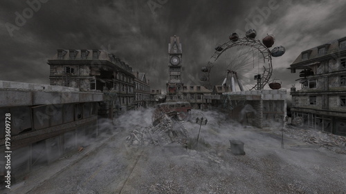 曇り空の都市風景　3DCGレンダリング