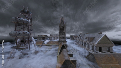 曇り空の都市風景　3DCGレンダリング