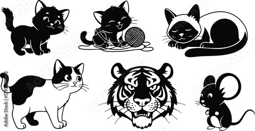 Cat and mouse vector illustration with tiger head and playful kitten design elements in black and white style 