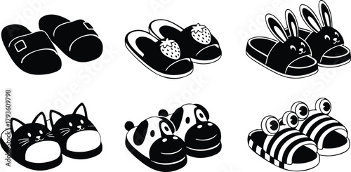 Collection of black and white animal-themed slippers vector illustration set with bunny, cat, panda, and bee designs 