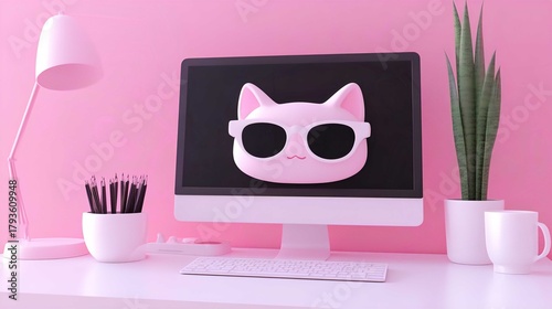 Cute Cat-Themed Pink Aesthetic Home Office Decor for Modern Workspace with Playful Tech Accessories and Creative Environment