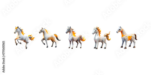 A detailed collection of 3D horses with glowing fire manes, created for Year of the Horse 2026 projects. The set includes multiple dynamic poses like running, trotting and standing.