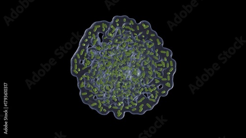 Biofilm formation on flat surface. Buildup of biofilm forming on solid material. 3d animation rendering.