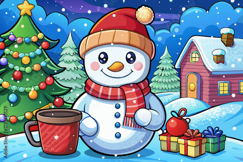 Cute snowman toy with mug in cozy winter scene, knitted plush character on snowy background, festive Christmas decoration, holiday gift idea for kids, and happy animation concept.