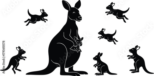 Kangaroo mother with playful joeys surrounding in silhouette style vector illustration 