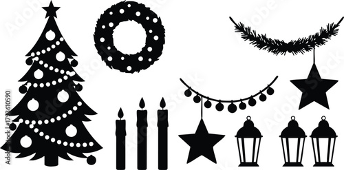 Christmas Tree Wreath Candles Lanterns and Stars Holiday Decoration Vector Collection 