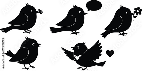 Black silhouette birds with love symbols and speech bubble vector illustration design elements 