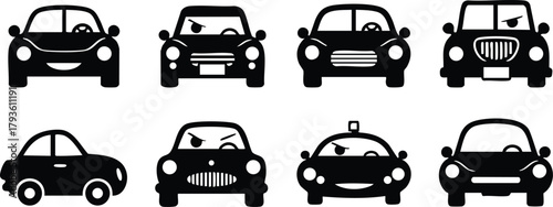 Various black car silhouettes front and side view vector illustration for automotive design and transport concepts 