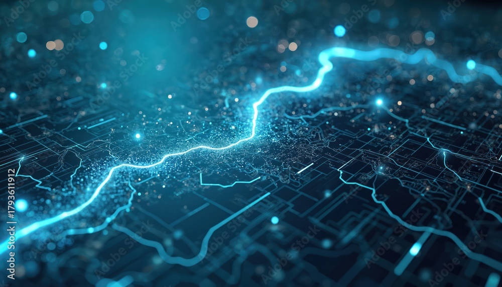 Obraz premium Tech scheme illustration shows blue glowing data. Digital art information flow on circuit board. Conceptual design suits technological advancement theme. Visualization reflects connectivity security