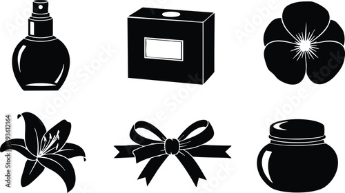 Beauty and skincare icons set including perfume, lotion, flower, lily, ribbon, and cream jar vector illustration 