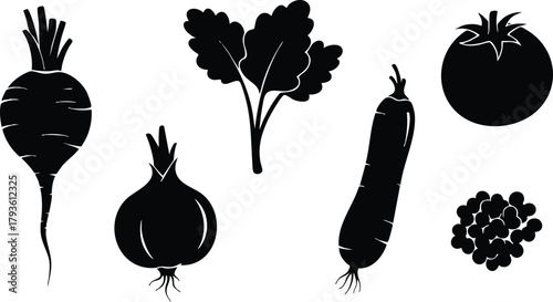 Root and Leaf Vegetables Including Carrot Onion Tomato and Greens in Black Silhouette Style Vector Illustration 