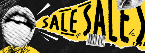 Vibrant pop art collage of a screaming mouth and a wide eye for posters and social media. A loud, collaged eye-catching design for promotional banners, trendy stickers, or sale campaigns with a retro 