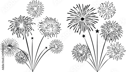 Fireworks display vector with star shapes and sparkles for celebration and festive occasions in black and white design 