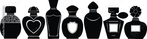 Collection of black silhouette vintage perfume bottles vector illustration with various shapes and decorative tops 
