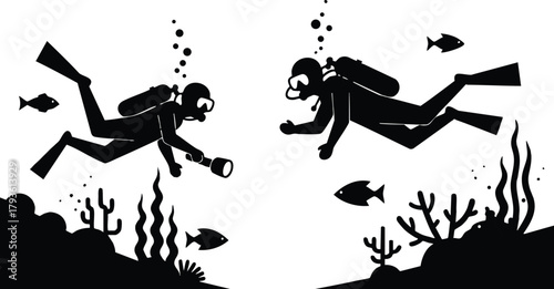 Scuba divers exploring underwater sea life with fish and coral silhouettes in black vector illustration 