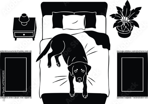 Black dog lying on bed from top view in minimalist bedroom design vector illustration 